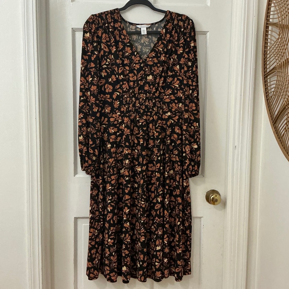 London Times Floral Midi Dress L Liquid Knit Boho Autumn Cottagecore Career
